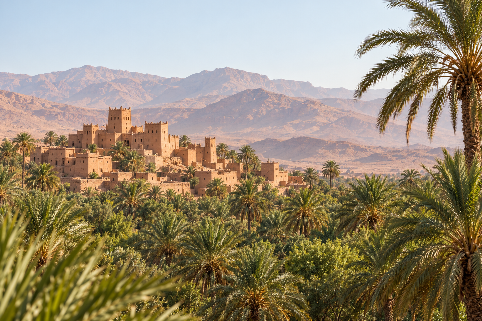مشهد تمثيلي لنخيل الواحات والعمارة الترابية المغربية
